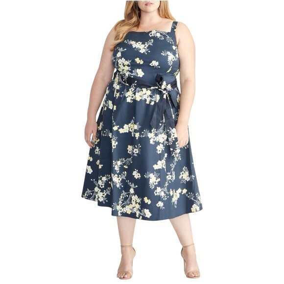 RACHEL Rachel Roy Fit & Flare Dress 20W Navy Blue Floral Print Midi Feminine NWT - Picture 1 of 16
